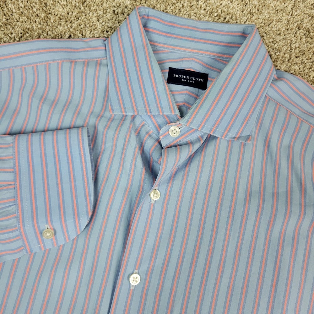 Proper Cloth Mens Medium Blue Red Striped Button Up Long Sleeve